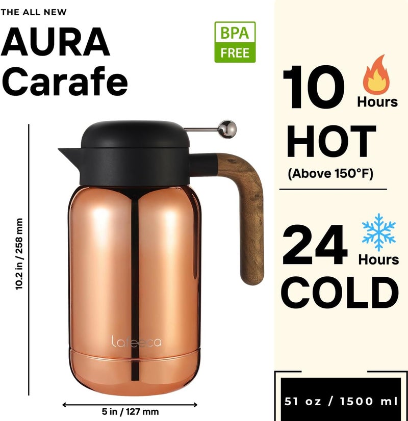 LAFEECA Aura Thermal Coffee Carafe - Vacuum Insulated Stainless Steel Tea Pot & Water Pitcher, Keeps Drinks Hot or Cold, BPA-Free, Beverage Dispenser Thermos - 51 oz Copper - Image 1